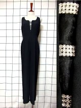 新商品 ビジュー装飾オールインワン・ショート丈ホワイトブラウス・ネービートップス UP