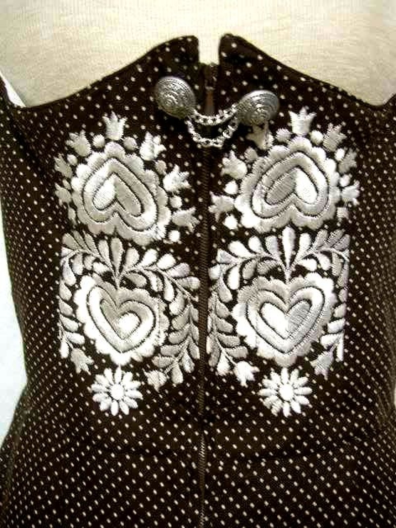 画像2: ドット柄ガーリー 見事なアンティークハート刺繍 乙女ガーリー 上質 ブラウン ディアンドル チロルワンピース ドイツ民族衣装 舞台 演奏会 フォークダンス オクトーバーフェスト 【1435】