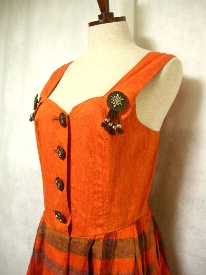画像1: めずらしいデザイン チェック柄切り替えし リネン ディアンドル チロルワンピース ドイツ民族衣装 舞台 演奏会 フォークダンス オクトーバーフェスト 【1610】