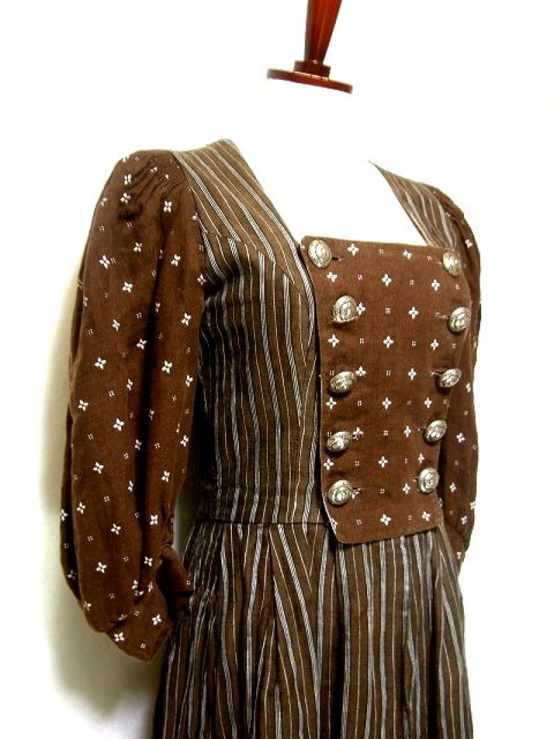 画像1: 小花柄×ストライプ柄 乙女ガーリー ブラウン ディアンドル チロルワンピース ドイツ民族衣装 舞台 演奏会 フォークダンス オクトーバーフェスト 【2087】