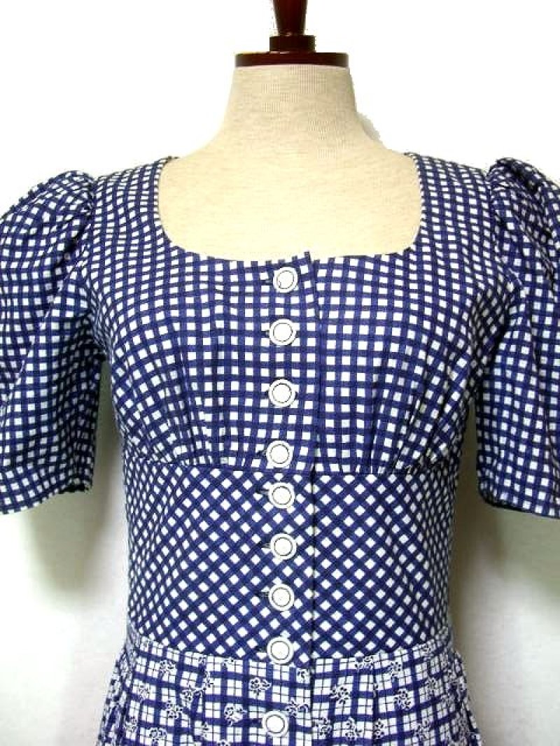 画像1: チェック柄×小花柄切り替えし ふんわりパフスリーブ オーストリア製 ディアンドル チロルワンピース ドイツ民族衣装 舞台 演奏会 フォークダンス オクトーバーフェスト 【2178】