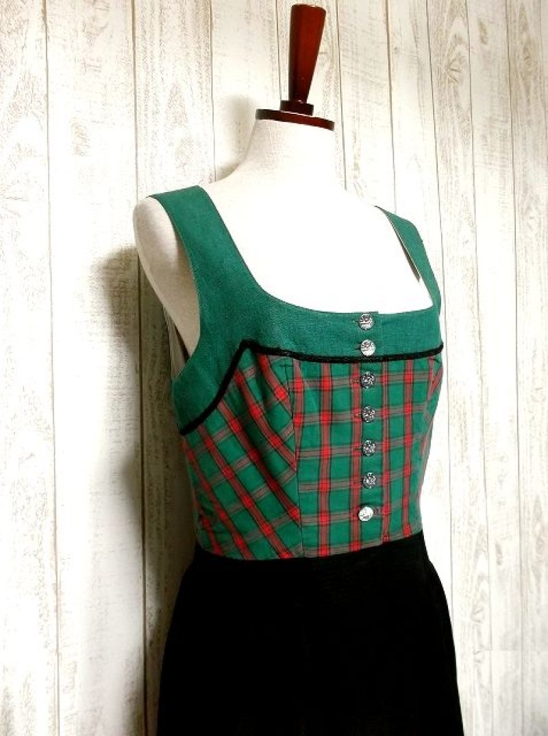 画像1: チェック柄切り替えしが素敵 コイン調ボタンがめずらしい ディアンドル チロルワンピース ドイツ民族衣装 舞台 演奏会 フォークダンス オクトーバーフェスト 【2086】