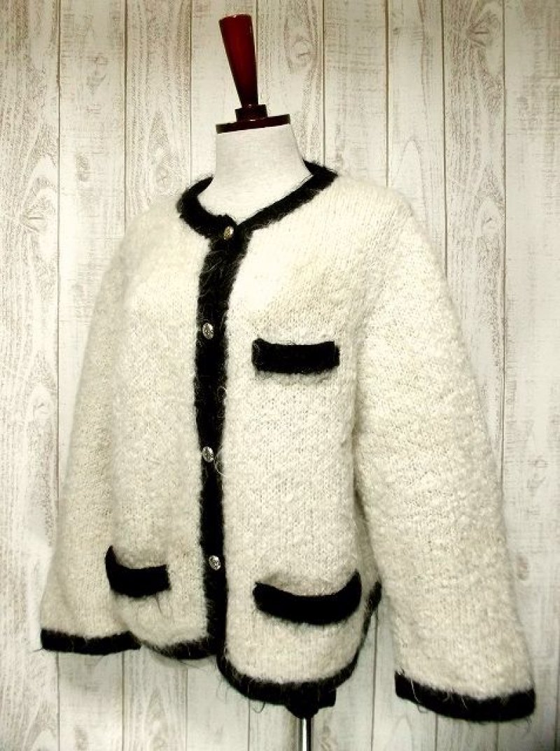 画像1: オフホワイト ブラック フォークロア レトロ ヨーロッパ古着 チロルニットカーディガン