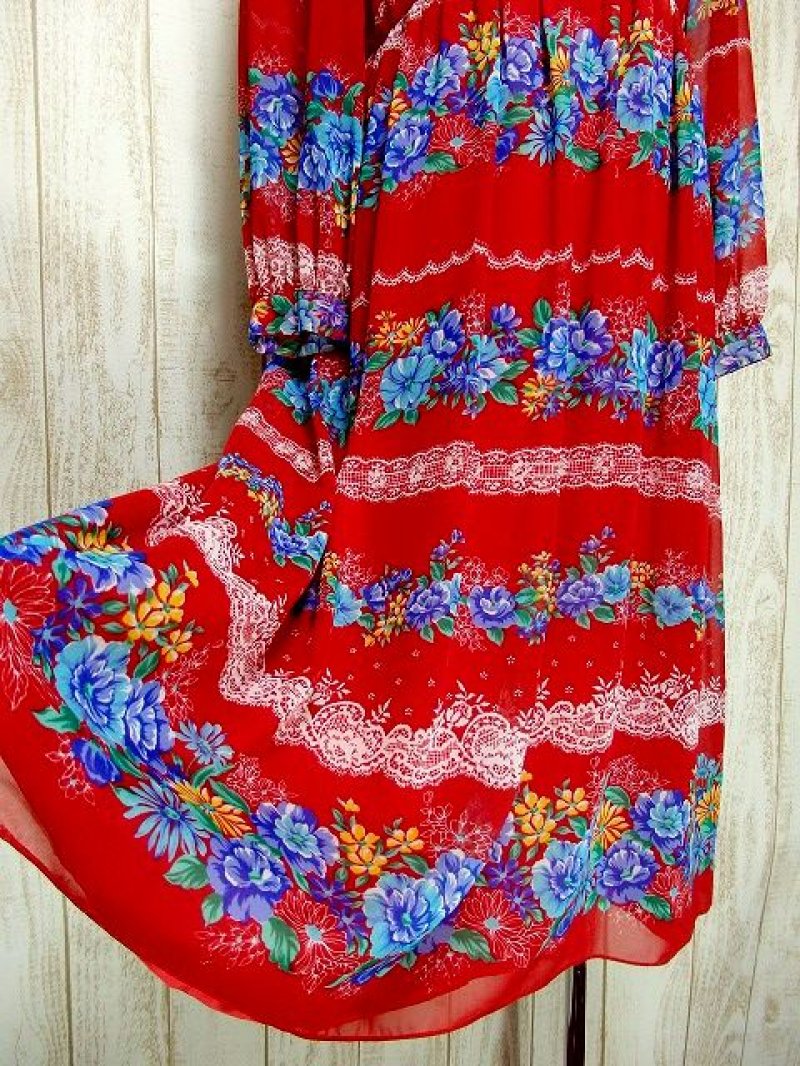 画像2: 70's 花柄 レース模様 ガーリー 長袖 昭和レトロ 国産古着 レトロワンピース 【3191】