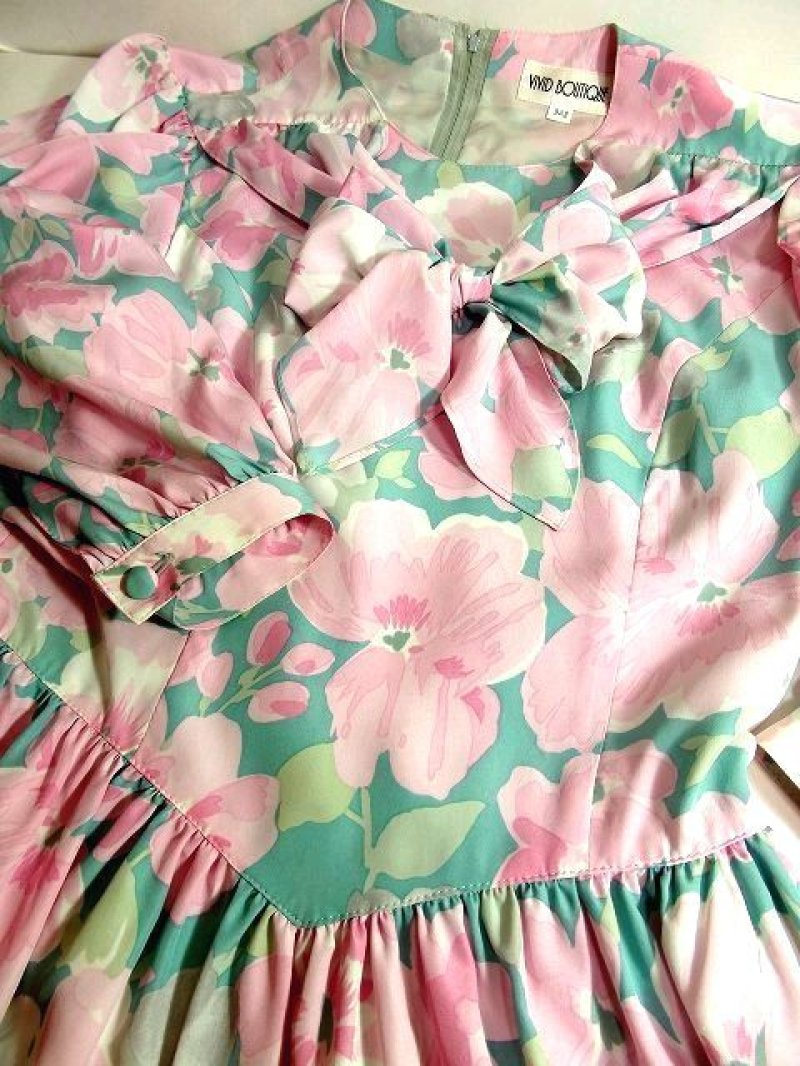 画像3: 胸元リボン ピンク ブルー 長袖 昭和レトロ 国産古着 レトロワンピース 【3190】