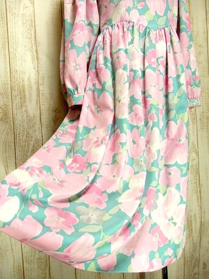 画像2: 胸元リボン ピンク ブルー 長袖 昭和レトロ 国産古着 レトロワンピース 【3190】