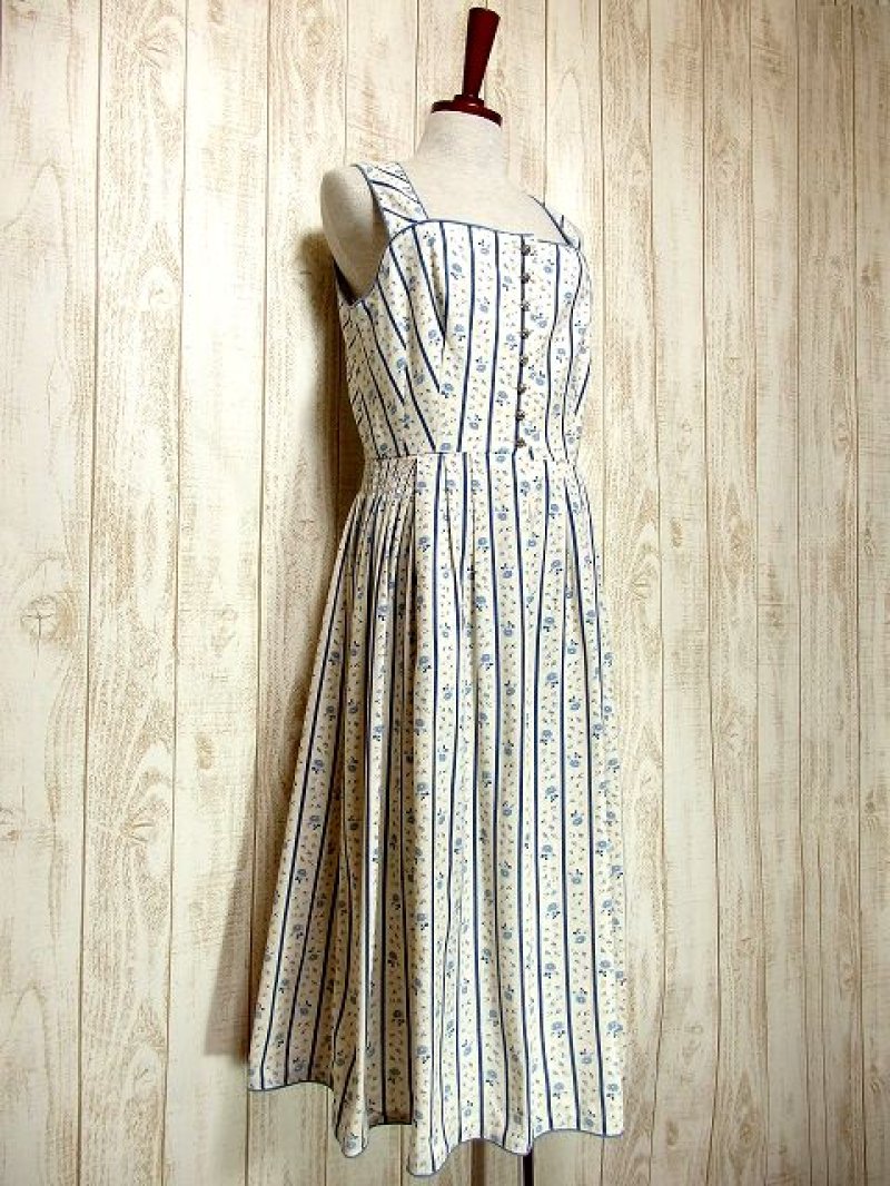 画像1: ストライプ×ガーリーな小花柄が可愛いすぎる コンチョボタン ディアンドル チロルワンピース ドイツ民族衣装 舞台 演奏会 フォークダンス オクトーバーフェスト 【3203】