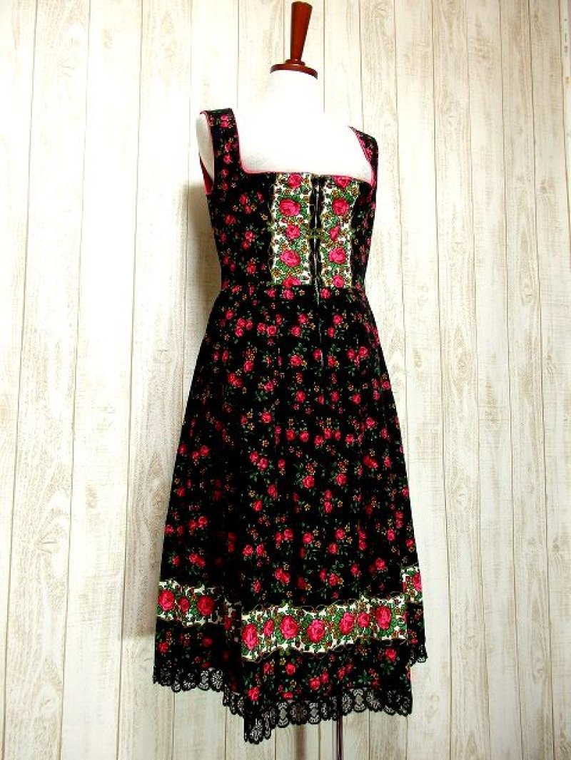 画像1: 薔薇柄×お花アンティークレース装飾 PINKパイピング 大人クラシカルガーリー ディアンドル チロルワンピース ドイツ民族衣装 舞台 演奏会 フォークダンス オクトーバーフェスト 【3231】