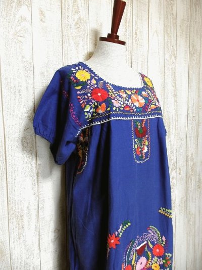 画像1: 鳥×花手刺繍がたっぷり丁寧に施された温かみのあるVintageメキシカンドレス1×鳥×花