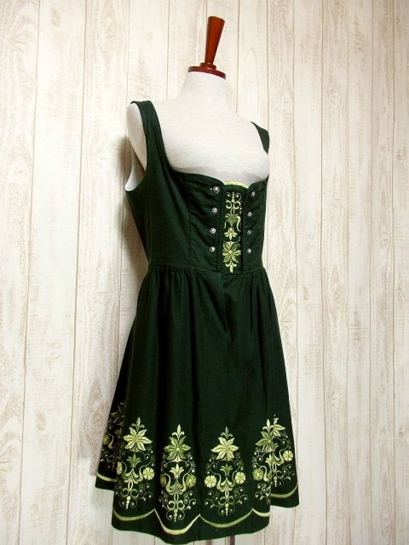 画像1: 深いグリーン地に素晴らしいお花刺繍がぷっくり浮かび上がる グラデーションカラー使い ディアンドル チロルワンピース ドイツ民族衣装 舞台 演奏会 フォークダンス オクトーバーフェスト 【3533】