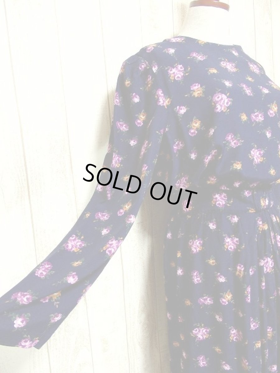 画像5: アンティークフラワープリント ネイビー ウエストゴム レトロ 長袖 USA古着 ヴィンテージワンピース 【3538】 (5)