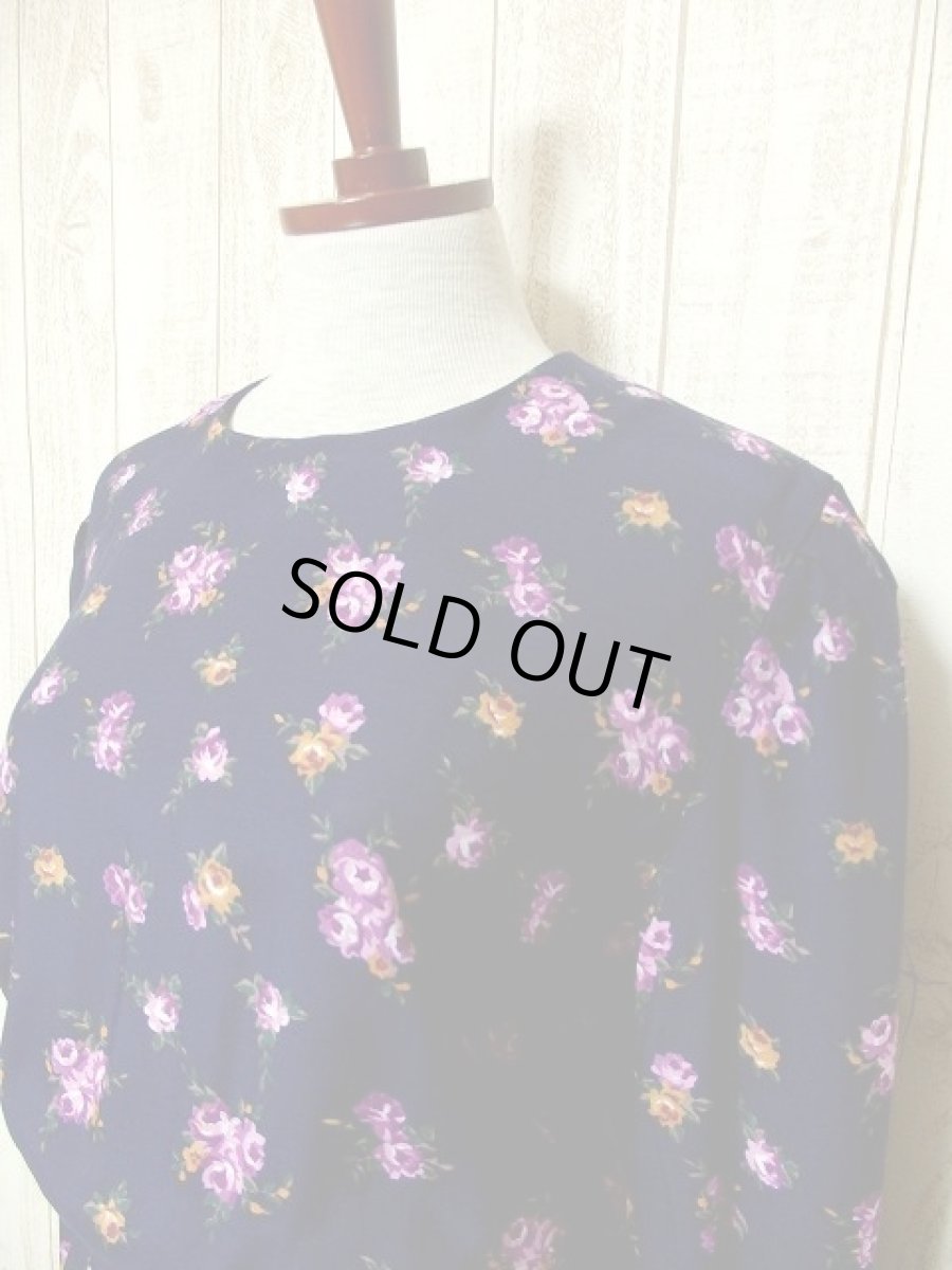 画像3: アンティークフラワープリント ネイビー ウエストゴム レトロ 長袖 USA古着 ヴィンテージワンピース 【3538】 (3)