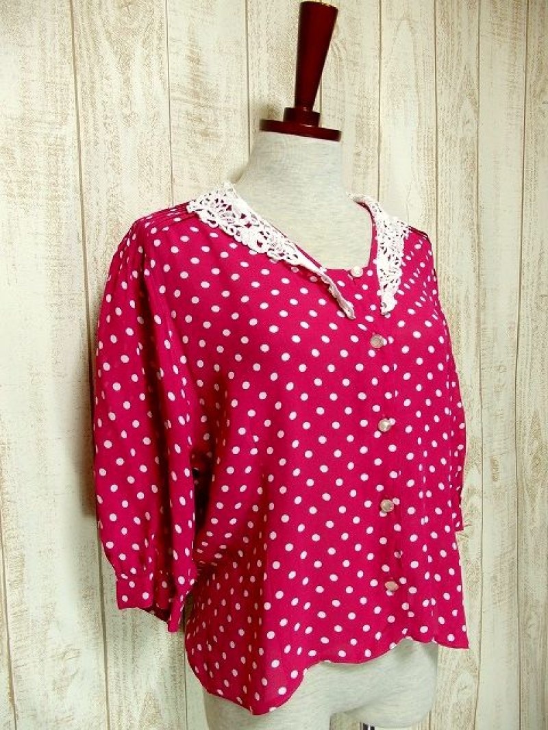 画像1: ホワイトレース襟 ふんわり袖 ピンク ホワイト ドット柄 ガーリー ヨーロッパ古着 長袖 シャツ ヴィンテージブラウス