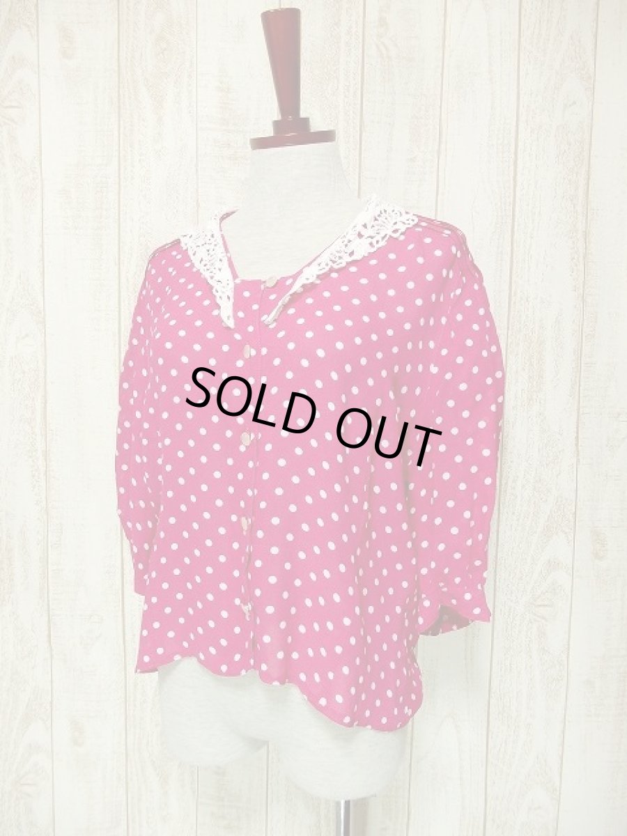 画像2: ホワイトレース襟 ふんわり袖 ピンク ホワイト ドット柄 ガーリー ヨーロッパ古着 長袖 シャツ ヴィンテージブラウス (2)