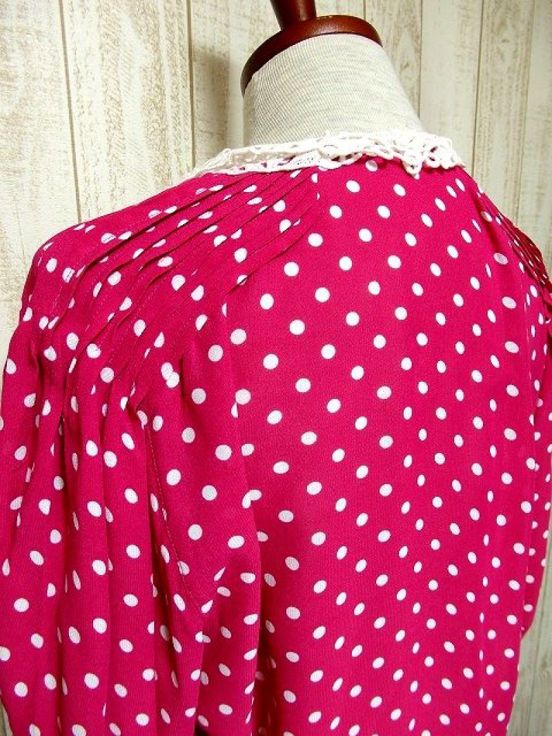 画像2: ホワイトレース襟 ふんわり袖 ピンク ホワイト ドット柄 ガーリー ヨーロッパ古着 長袖 シャツ ヴィンテージブラウス