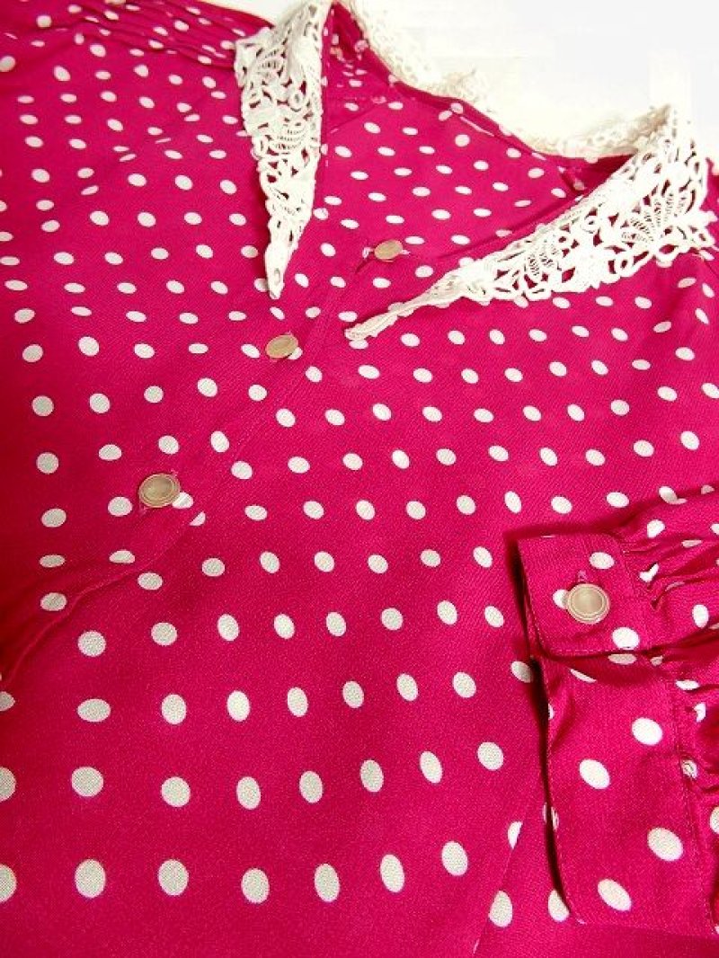 画像3: ホワイトレース襟 ふんわり袖 ピンク ホワイト ドット柄 ガーリー ヨーロッパ古着 長袖 シャツ ヴィンテージブラウス