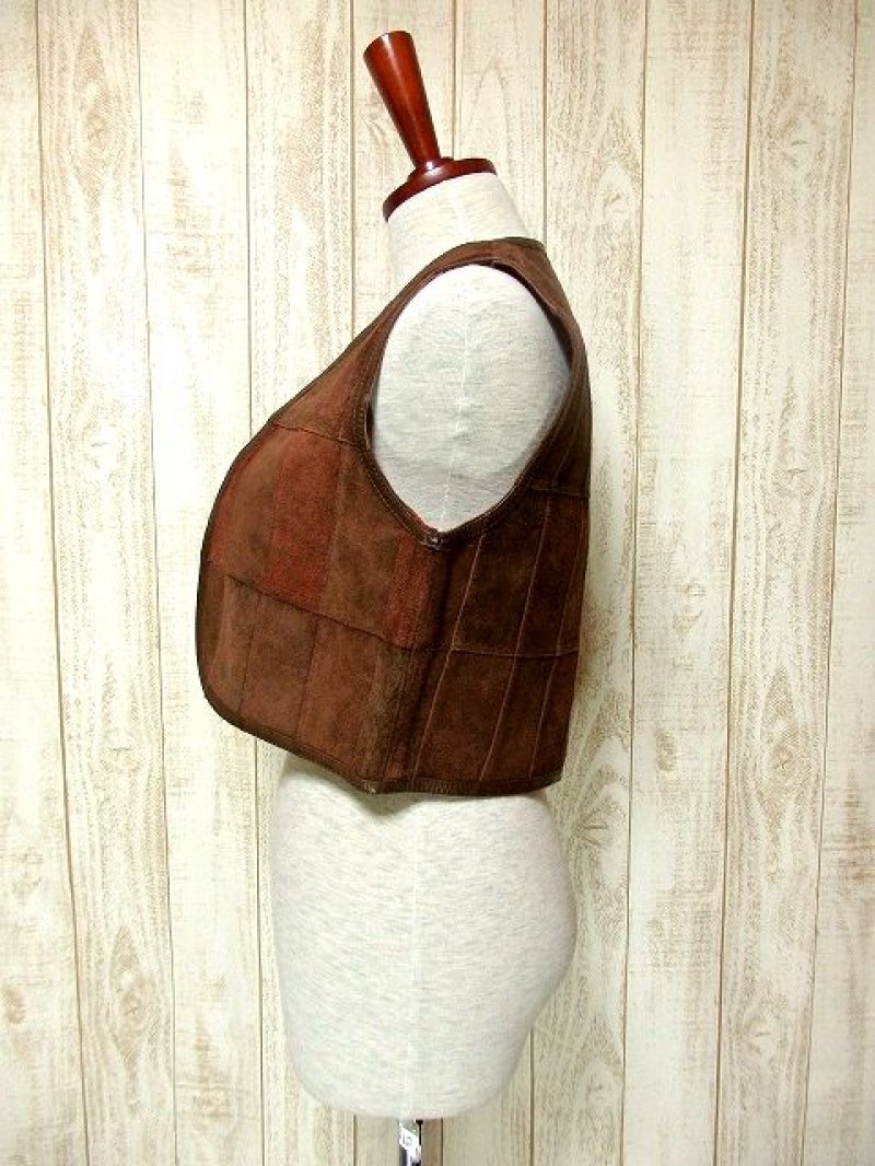 画像1: USA古着 レトロフォークロア★ショート丈が使い易い♪ レザー切り替えしヴィンテージベスト