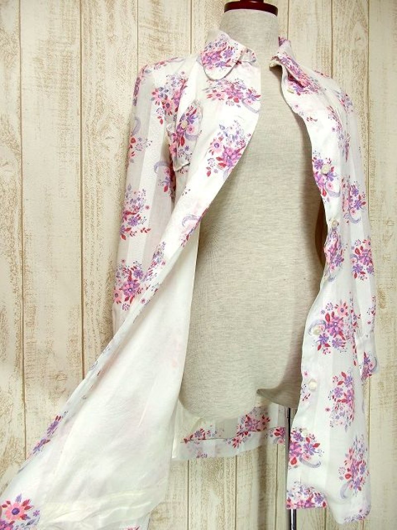 画像1: 花柄 ホワイト 前開き可能 ロマンティック レトロ ガーリー 長袖 ヨーロッパ古着 ヴィンテージミニシャツワンピース 