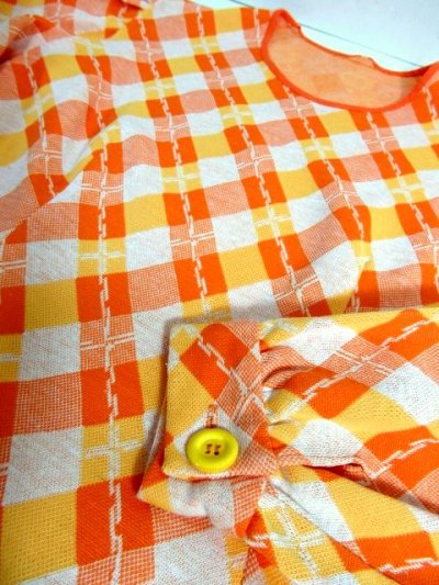 画像3: チェック柄 オレンジ ガーリー パフスリーブライン ヨーロッパ古着 長袖 シャツ ヴィンテージトップス【2114】