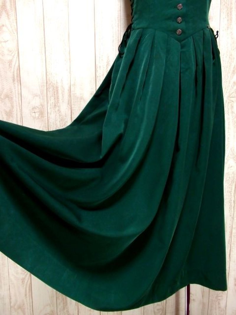 画像2: サイド編み上げデザイン 大人レトロフォークロア ブーツとの相性も抜群 深いシックなGreenカラー×お花彫りボタン ディアンドル チロルワンピース ドイツ民族衣装 舞台 演奏会 フォークダンス オクトーバーフェスト 【3835】