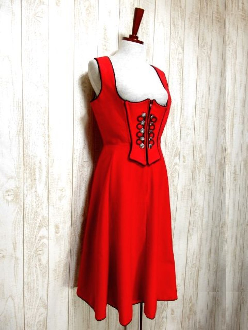 画像1: レッド ブラック フロントジッパー ノースリーブ クラシカル ディアンドル チロルワンピース ドイツ民族衣装 舞台 演奏会 フォークダンス オクトーバーフェスト 【3859】