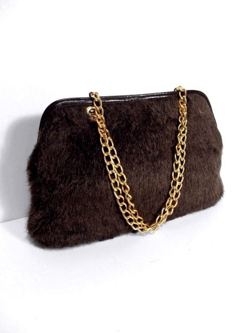 画像1: ファー ダークブラウン ハンドルチェーン レディース レトロ ハンド 鞄 バッグ
