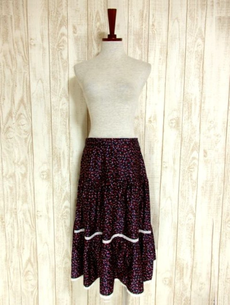 画像1: USA古着 ネイビー×小花アンティークフラワー柄がCUTE★2段オフホワイトレース装飾★ふんわりレトロガーリーなヴィンテージスカート【4142】