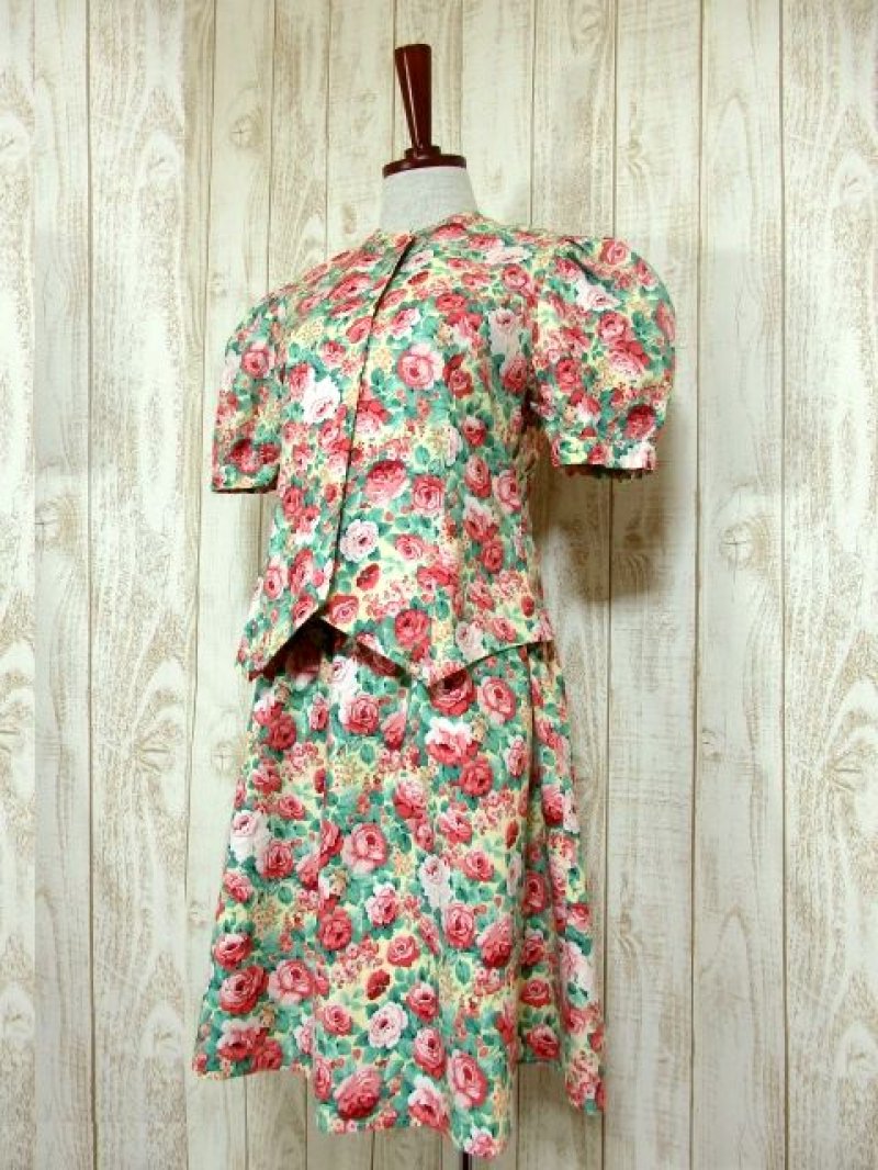 画像1: USA古着 Pinkアンティークフラワー×大人アンティークガーリー♪キラっと光るレトロアンティークボタンもCUTE★ふんわりパフスリーブ♪ヴィンテージセットアップ