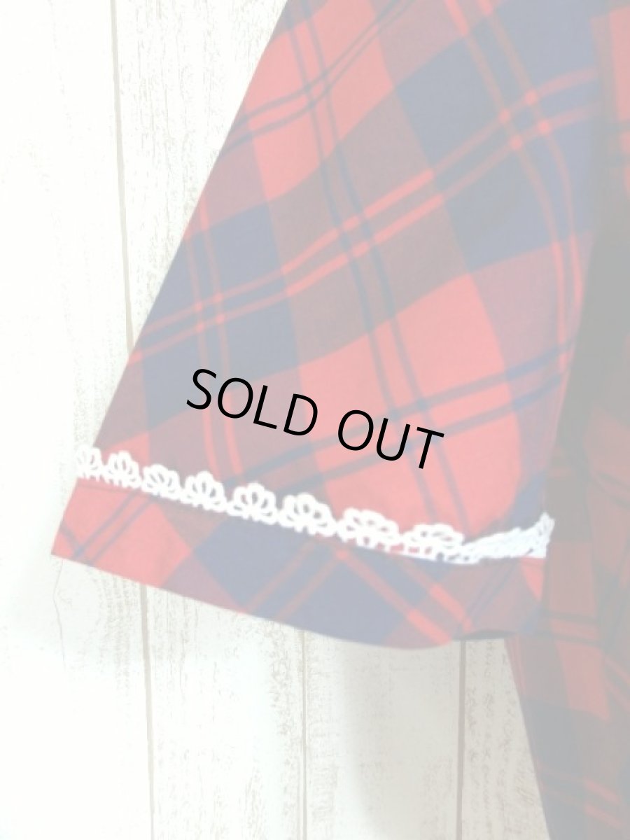 画像6: チェック柄 レース レッド ネイビー ガーリー レトロ USA古着 半袖 シャツ ヴィンテージトップス (6)