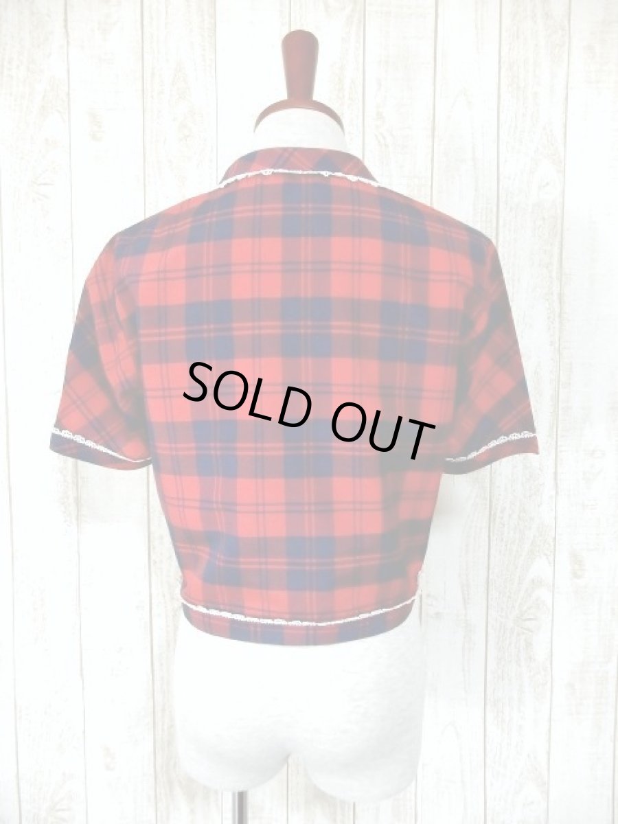 画像5: チェック柄 レース レッド ネイビー ガーリー レトロ USA古着 半袖 シャツ ヴィンテージトップス (5)