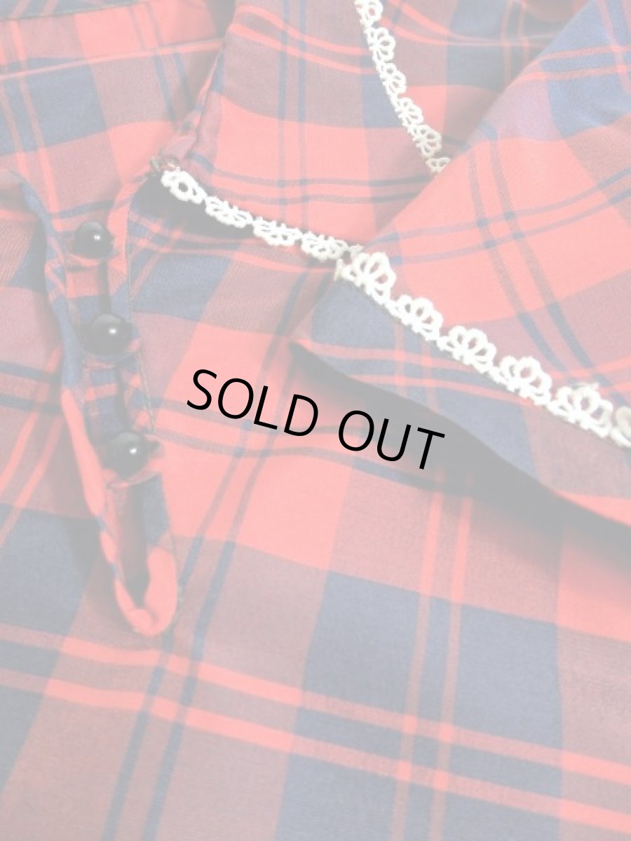 画像8: チェック柄 レース レッド ネイビー ガーリー レトロ USA古着 半袖 シャツ ヴィンテージトップス (8)