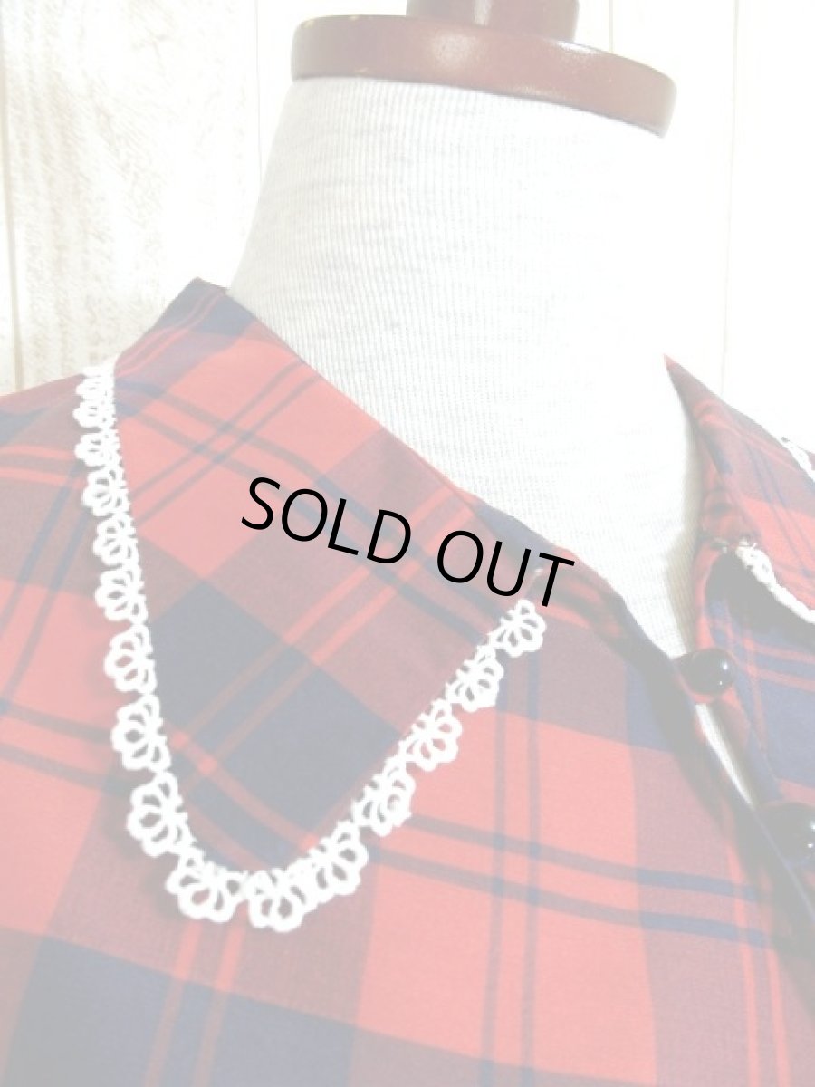 画像3: チェック柄 レース レッド ネイビー ガーリー レトロ USA古着 半袖 シャツ ヴィンテージトップス (3)