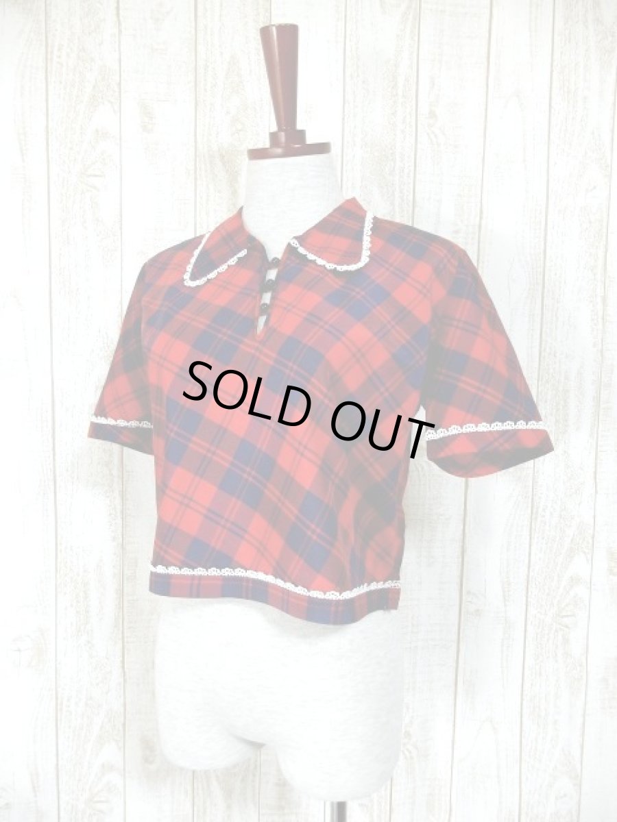 画像2: チェック柄 レース レッド ネイビー ガーリー レトロ USA古着 半袖 シャツ ヴィンテージトップス (2)