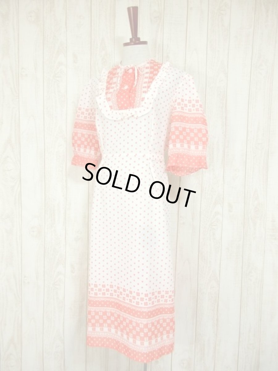 画像2: ヨーロッパ古着　レトロポップフラワー×ドット柄★首元リボン結び。ふんわり可愛く決まる!!大人ガーリーなヴィンテージワンピース (2)