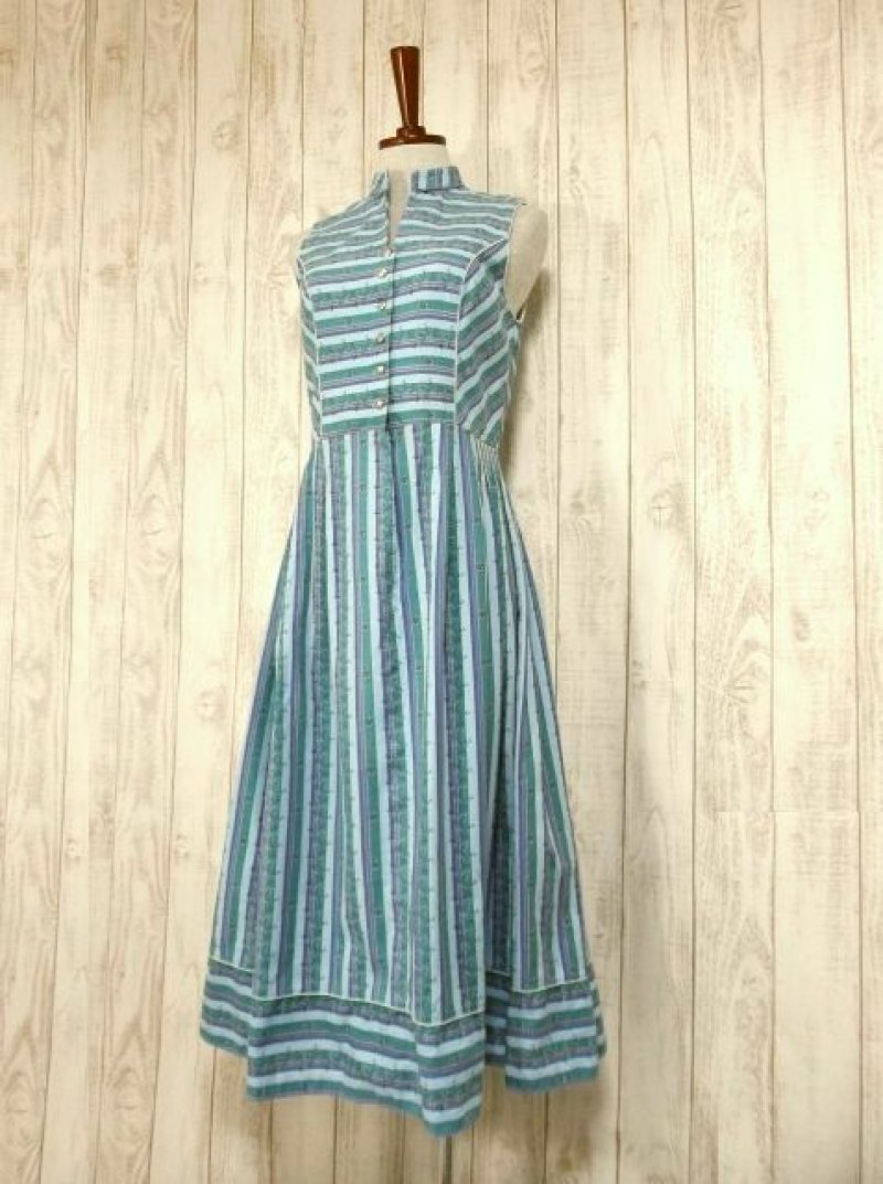 画像1: ストライプ×ボーダー×小花柄＆リーフ柄切り替えしデザインが魅力的 ディアンドル チロルワンピース ドイツ民族衣装 舞台 演奏会 フォークダンス オクトーバーフェスト 【4701】