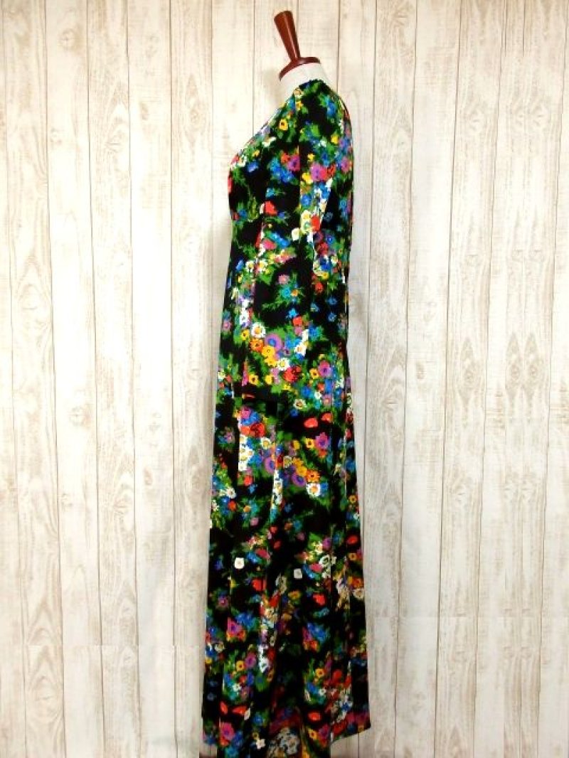 画像1: サイケ 花柄 ブラック 華やか 衣装やパーティースタイルにも レトロ 長袖 ヨーロッパ古着 ヴィンテージドレス 【4758】