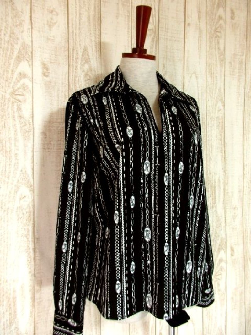 画像1: モノクロ チェーン柄 大人レトロ ヨーロッパ古着 長袖 シャツ ヴィンテージトップス