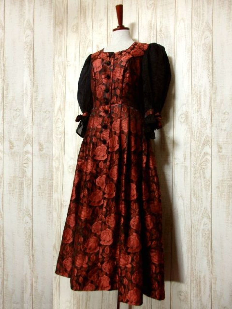 画像1: アンティークフラワー織り×両袖リボン装飾 ふんわりパフスリーブ 大人レトロクラシカル ディアンドル チロルワンピース ドイツ民族衣装 舞台 演奏会 フォークダンス オクトーバーフェスト 【4954】