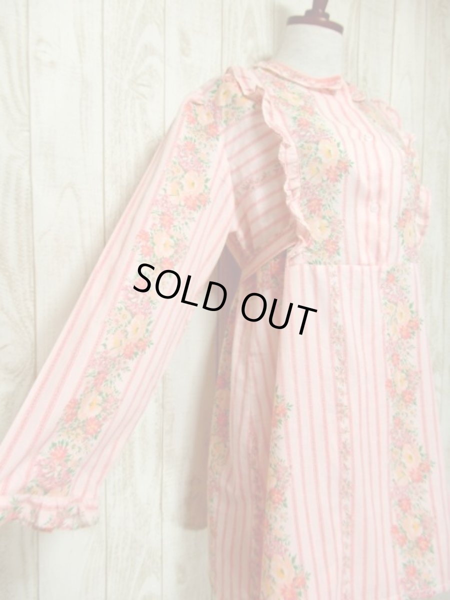 画像4: ストライプ柄 花柄 バックウエストリボン レトロ 長袖 ヨーロッパ古着 ヴィンテージワンピース＆スカートSET 【4984】 (4)