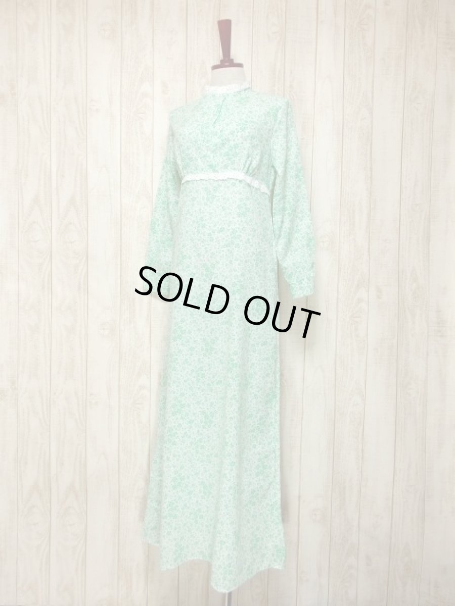 画像2: 花柄 レース装飾 バックウエストリボン レトロ 長袖 ヨーロッパ古着 ヴィンテージワンピースドレス 【4998】 (2)