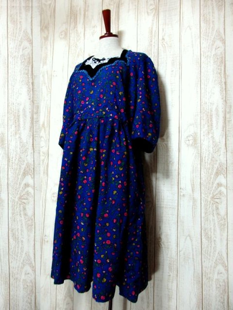 画像1: カラフルフラワープリント×ベロア×ブレード×レース装飾 首元リボン結び ディアンドル チロルワンピース ドイツ民族衣装 舞台 演奏会 フォークダンス オクトーバーフェスト 【5018】