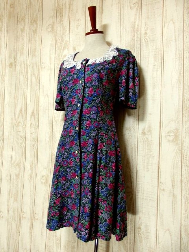 画像1: 襟レース アンティークフラワー柄 前開き 半袖 レトロ ガーリー ヨーロッパ古着 ヴィンテージミニドレス【5052】