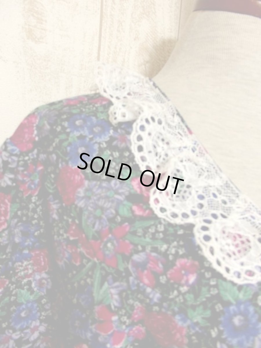 画像7: 襟レース アンティークフラワー柄 前開き 半袖 レトロ ガーリー ヨーロッパ古着 ヴィンテージミニドレス【5052】 (7)