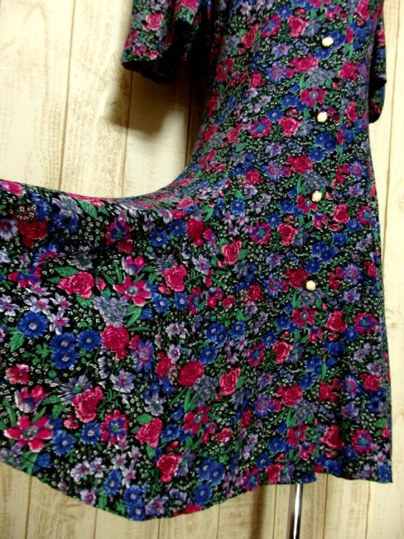 画像2: 襟レース アンティークフラワー柄 前開き 半袖 レトロ ガーリー ヨーロッパ古着 ヴィンテージミニドレス【5052】