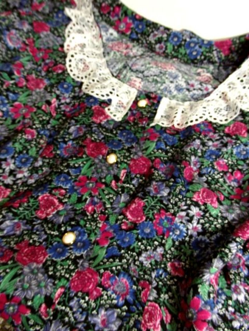 画像3: 襟レース アンティークフラワー柄 前開き 半袖 レトロ ガーリー ヨーロッパ古着 ヴィンテージミニドレス【5052】