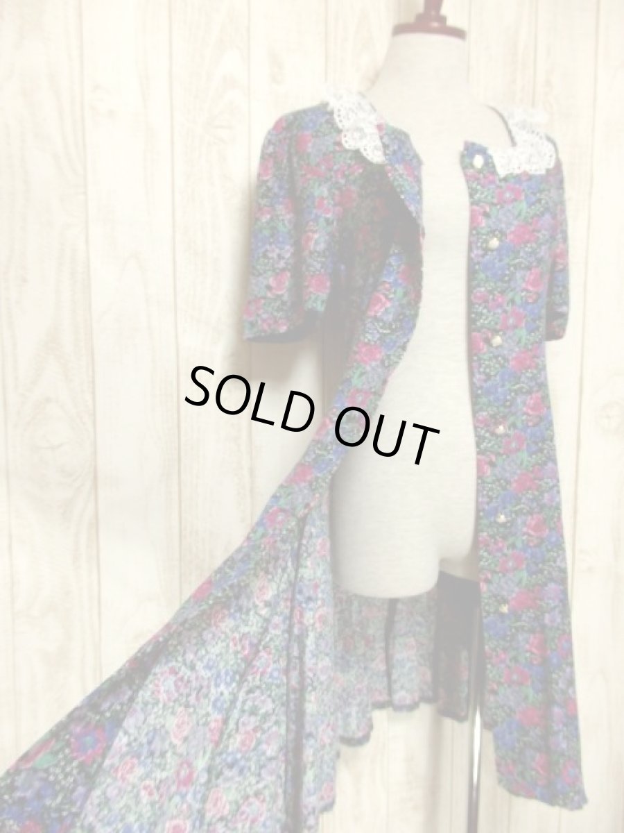 画像10: 襟レース アンティークフラワー柄 前開き 半袖 レトロ ガーリー ヨーロッパ古着 ヴィンテージミニドレス【5052】 (10)