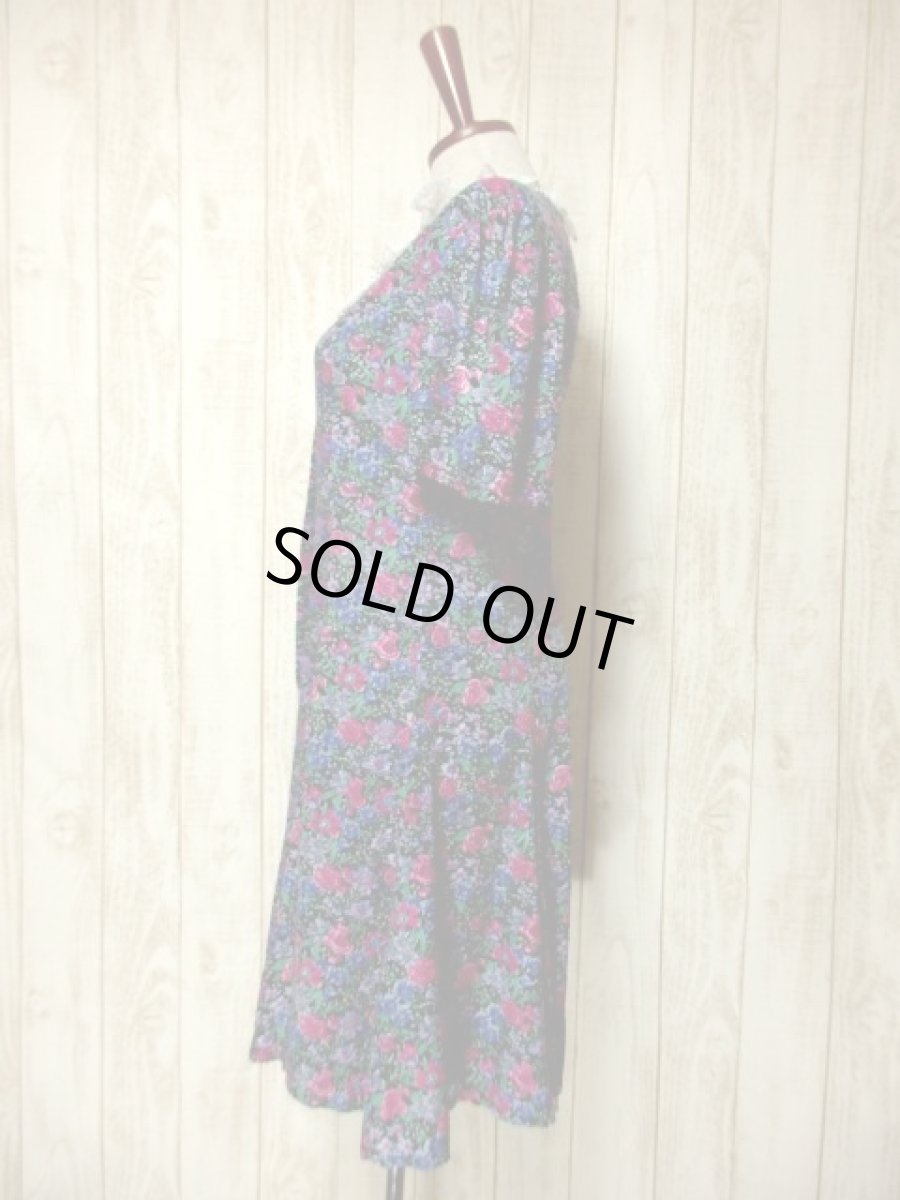 画像8: 襟レース アンティークフラワー柄 前開き 半袖 レトロ ガーリー ヨーロッパ古着 ヴィンテージミニドレス【5052】 (8)