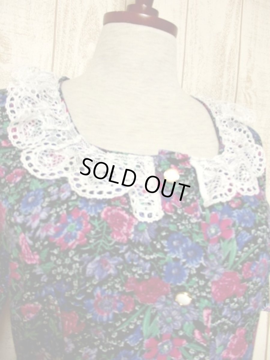 画像3: 襟レース アンティークフラワー柄 前開き 半袖 レトロ ガーリー ヨーロッパ古着 ヴィンテージミニドレス【5052】 (3)