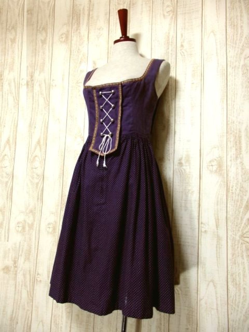 画像1: レトロフォークロア×小花刺繍装飾 ドット柄切り替えしデザイン リボン結びで可愛く ディアンドル チロルワンピース ドイツ民族衣装 舞台 演奏会 フォークダンス オクトーバーフェスト 【5058】