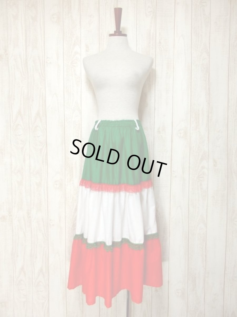 画像3: ティアード フラワーレース ホワイト グリーン レッド レトロ ヨーロッパ古着 ヴィンテージスカート (3)